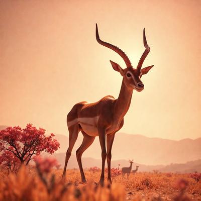 The primary subject of the image is a gazelle, a type of antelope, standing in a field with a mountain in the background. The setting is a natural environment with a sunset in the background, creating a warm and serene atmosphere. The visual style of the image is a combination of photo and digital art, giving it a realistic yet artistic appearance. The colors in the image are predominantly warm and earthy tones, such as reds, oranges, and browns, which contribute to the overall m